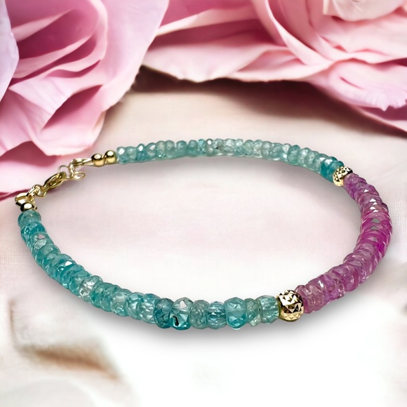 Handcrafted Natural Blue Zircon & Pink Sapphire Bracelet | Solid 14K Gold 7.25" - Picture 5 of 7